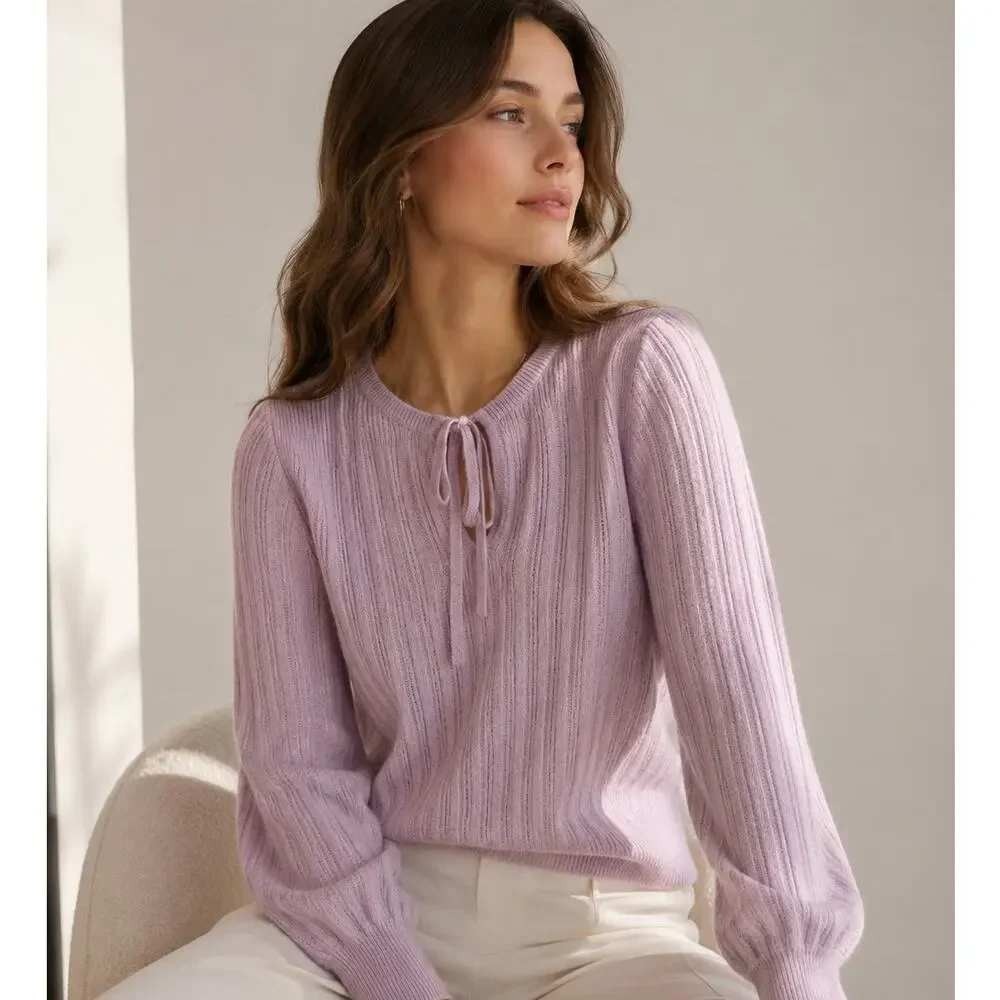 White + Warren 100% Cashmere Ribbed Tie Neck Sweater Medium Lilac Lavender